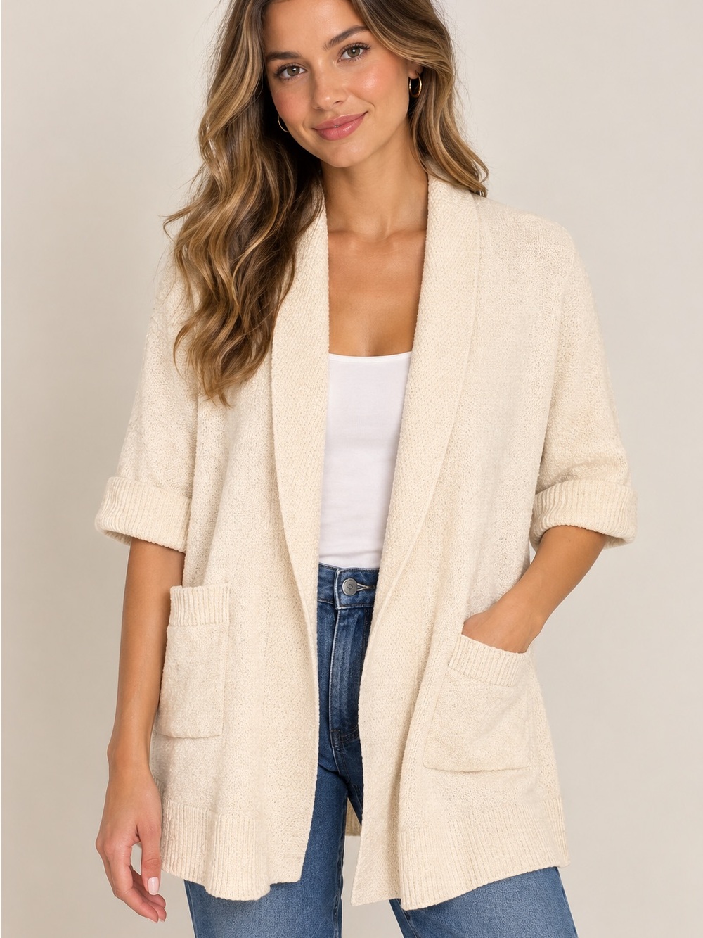 Tahari Ivory Open Front Knit Cardigan Cashmere Shawl Collar Pockets Cozy Classic